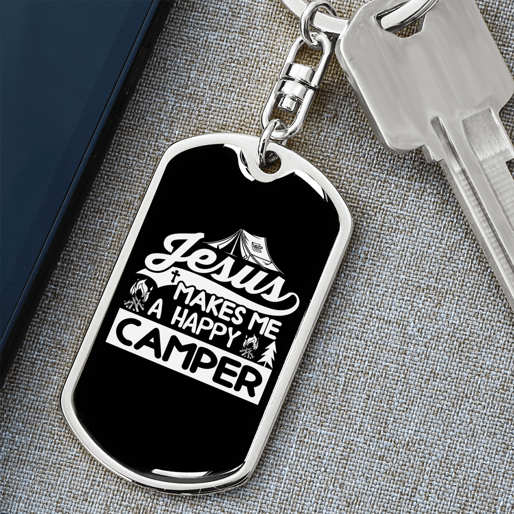 Jesus Makes Happy Camper Keychain Stainless Steel or 18k Gold Dog Tag Keyring-Express Your Love Gifts