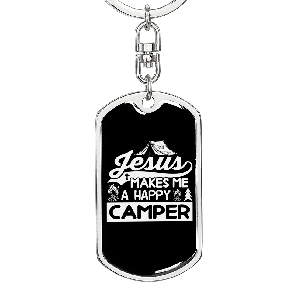 Jesus Makes Happy Camper Keychain Stainless Steel or 18k Gold Dog Tag Keyring-Express Your Love Gifts