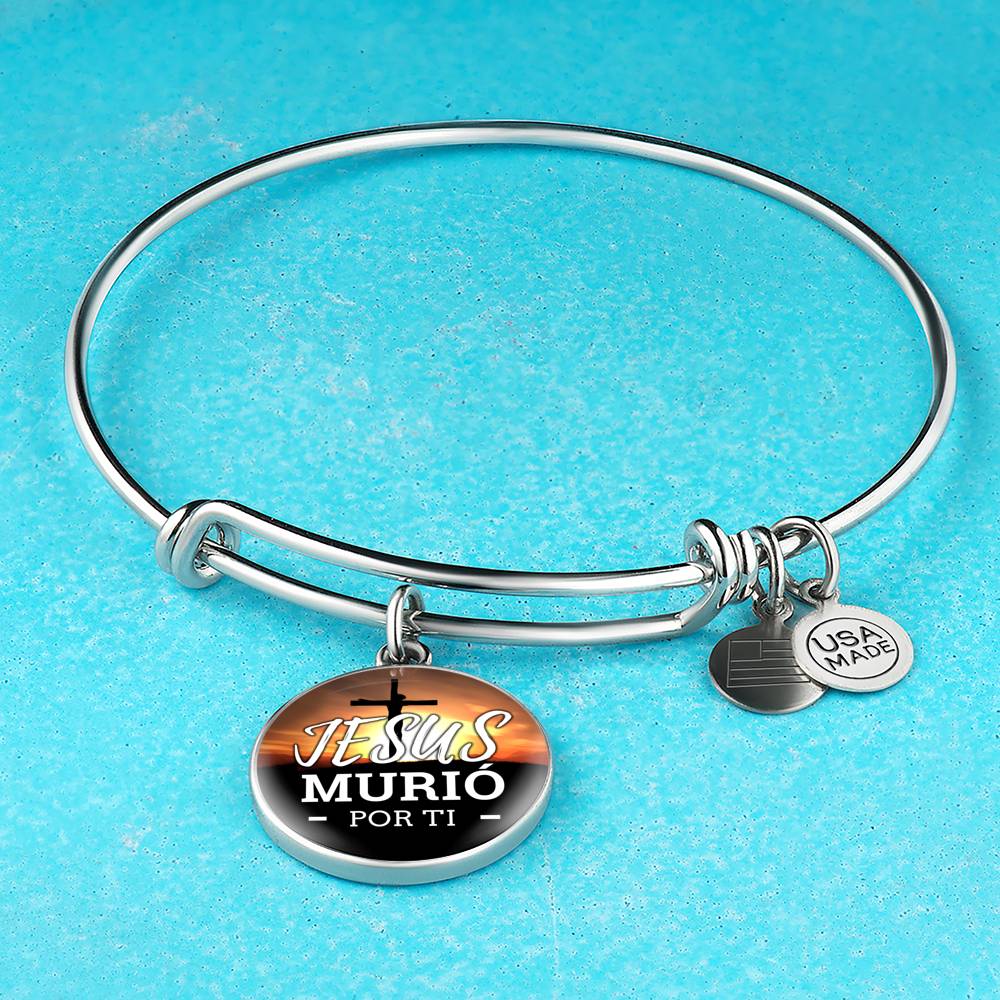Jesus Murio Por Ti Circle Pendant Bangle Stainless Steel or 18k Gold 18-22"-Express Your Love Gifts