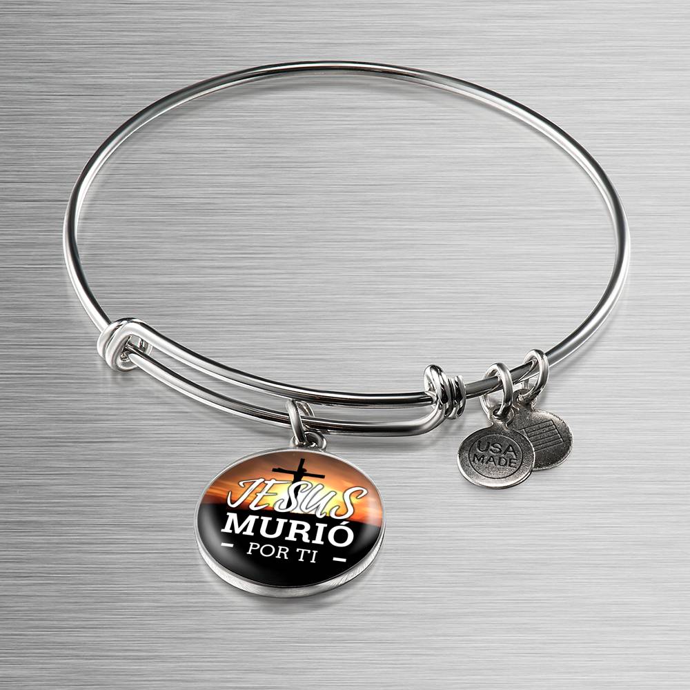 Jesus Murio Por Ti Circle Pendant Bangle Stainless Steel or 18k Gold 18-22"-Express Your Love Gifts