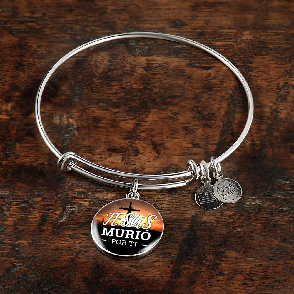 Jesus Murio Por Ti Circle Pendant Bangle Stainless Steel or 18k Gold 18-22"-Express Your Love Gifts