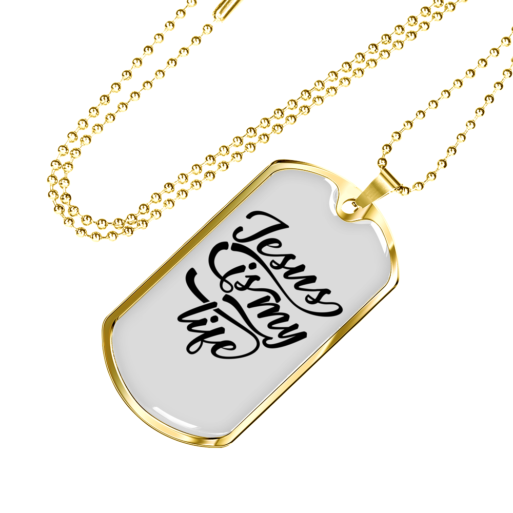 Jesus My Life Christian Necklace Stainless Steel or 18k Gold Dog Tag 24" Chain-Express Your Love Gifts