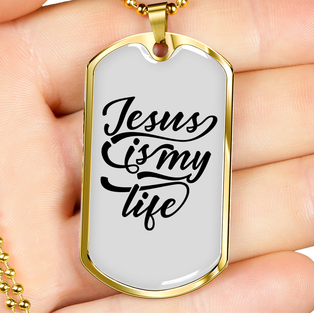 Jesus My Life Christian Necklace Stainless Steel or 18k Gold Dog Tag 24" Chain-Express Your Love Gifts