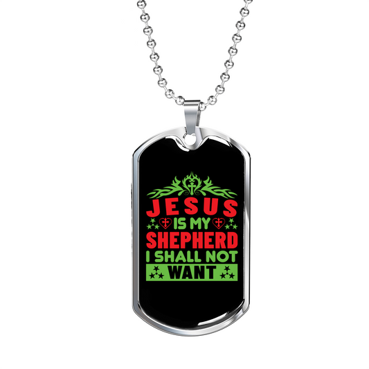 Jesus My Shepherd Green Christian Necklace Stainless Steel or 18k Gold Dog Tag 24" Chain-Express Your Love Gifts
