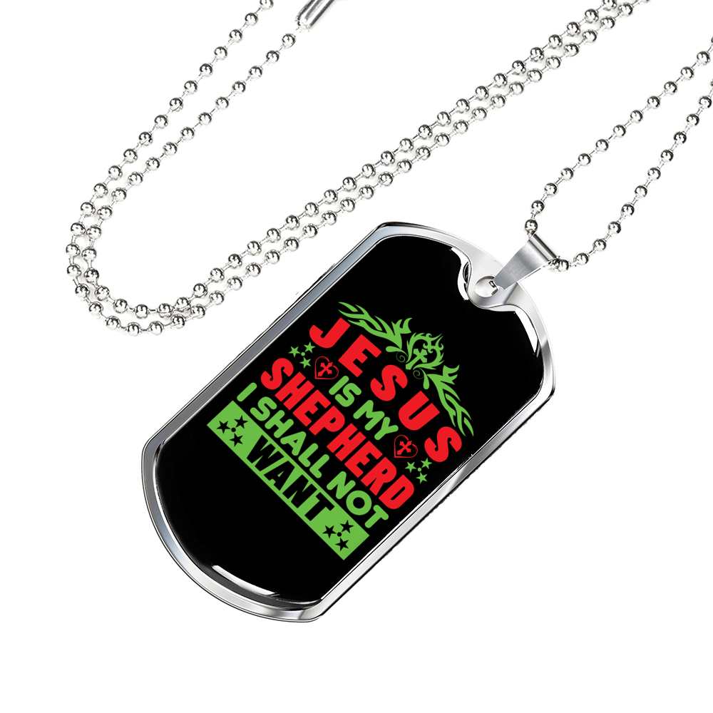 Jesus My Shepherd Green Christian Necklace Stainless Steel or 18k Gold Dog Tag 24" Chain-Express Your Love Gifts