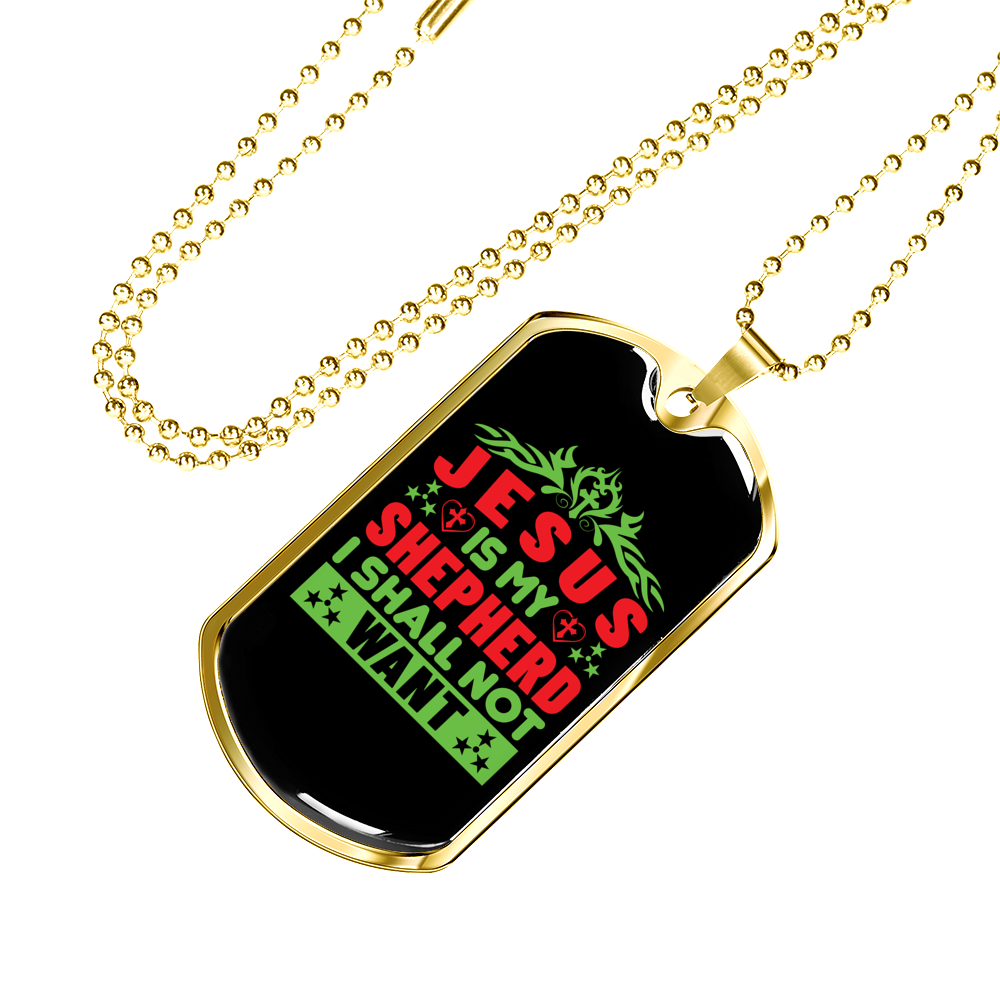 Jesus My Shepherd Green Christian Necklace Stainless Steel or 18k Gold Dog Tag 24" Chain-Express Your Love Gifts