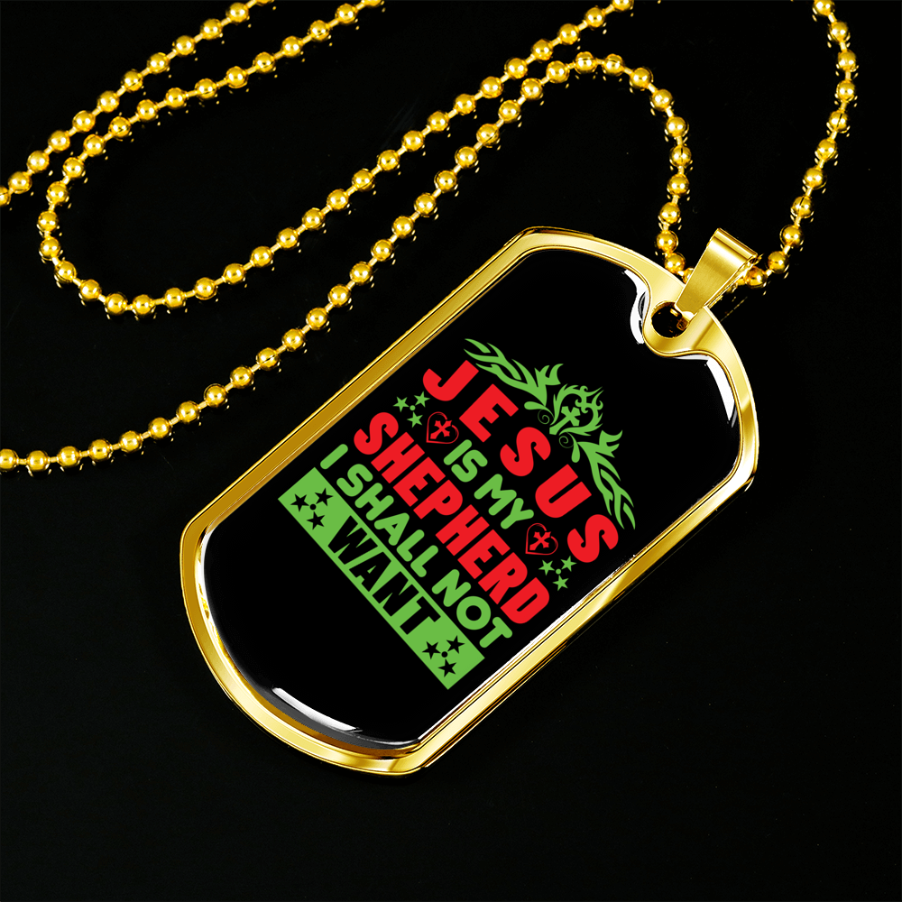 Jesus My Shepherd Green Christian Necklace Stainless Steel or 18k Gold Dog Tag 24" Chain-Express Your Love Gifts