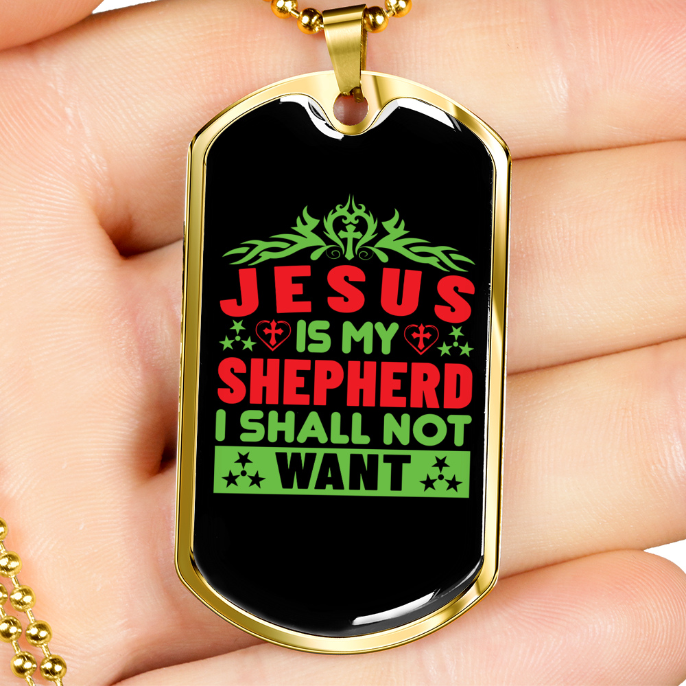 Jesus My Shepherd Green Christian Necklace Stainless Steel or 18k Gold Dog Tag 24" Chain-Express Your Love Gifts