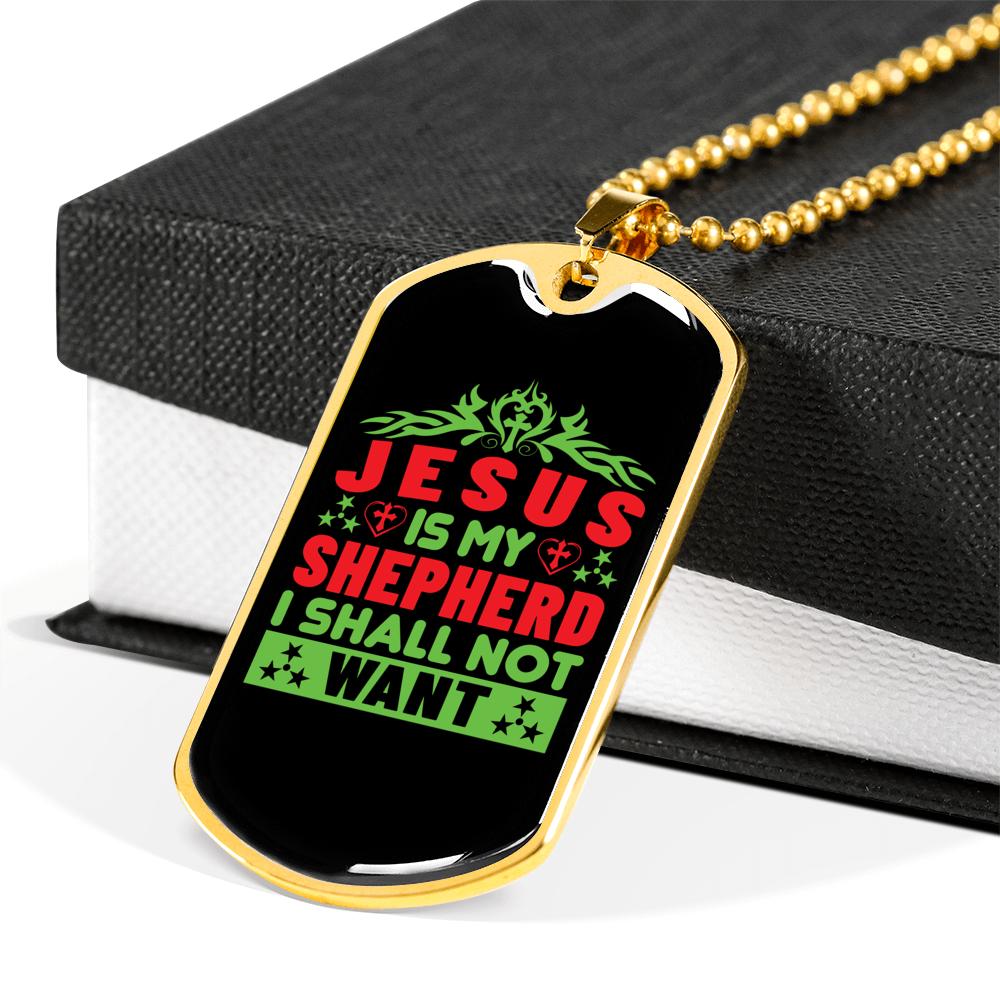 Jesus My Shepherd Green Christian Necklace Stainless Steel or 18k Gold Dog Tag 24" Chain-Express Your Love Gifts