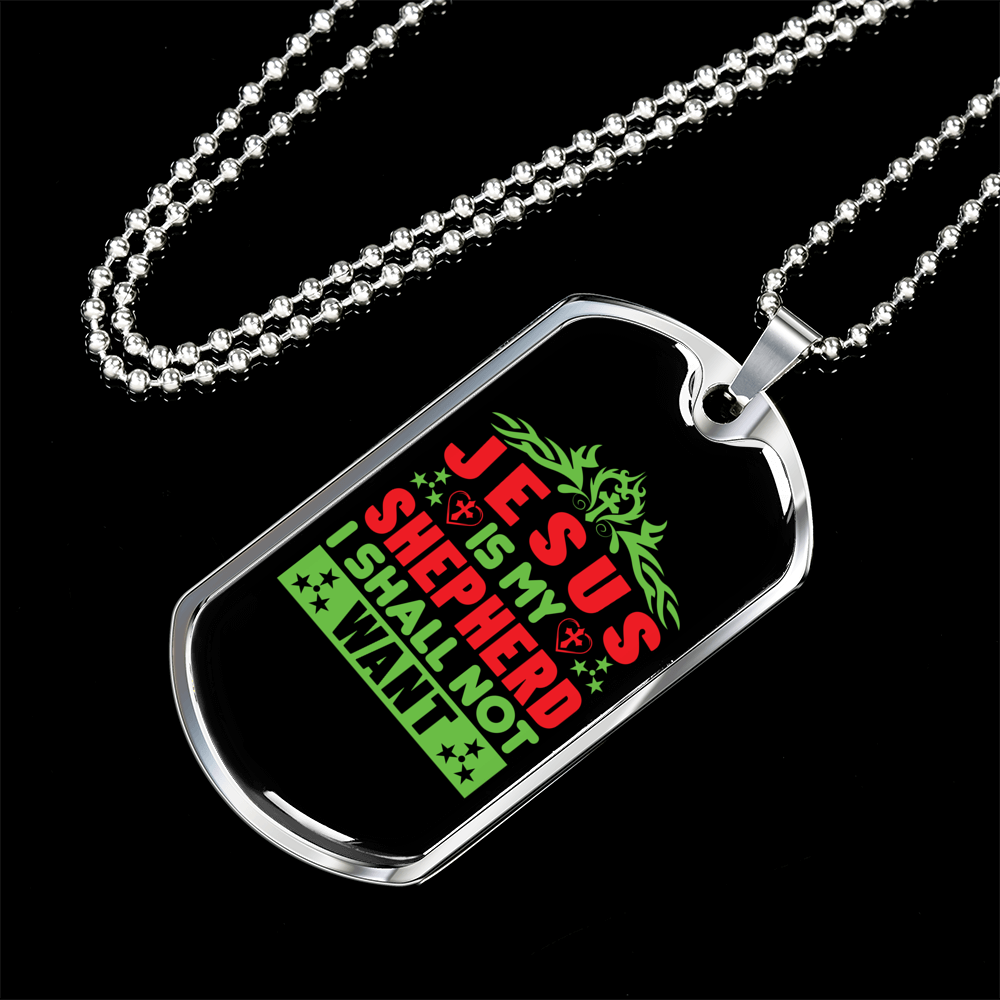 Jesus My Shepherd Green Christian Necklace Stainless Steel or 18k Gold Dog Tag 24" Chain-Express Your Love Gifts