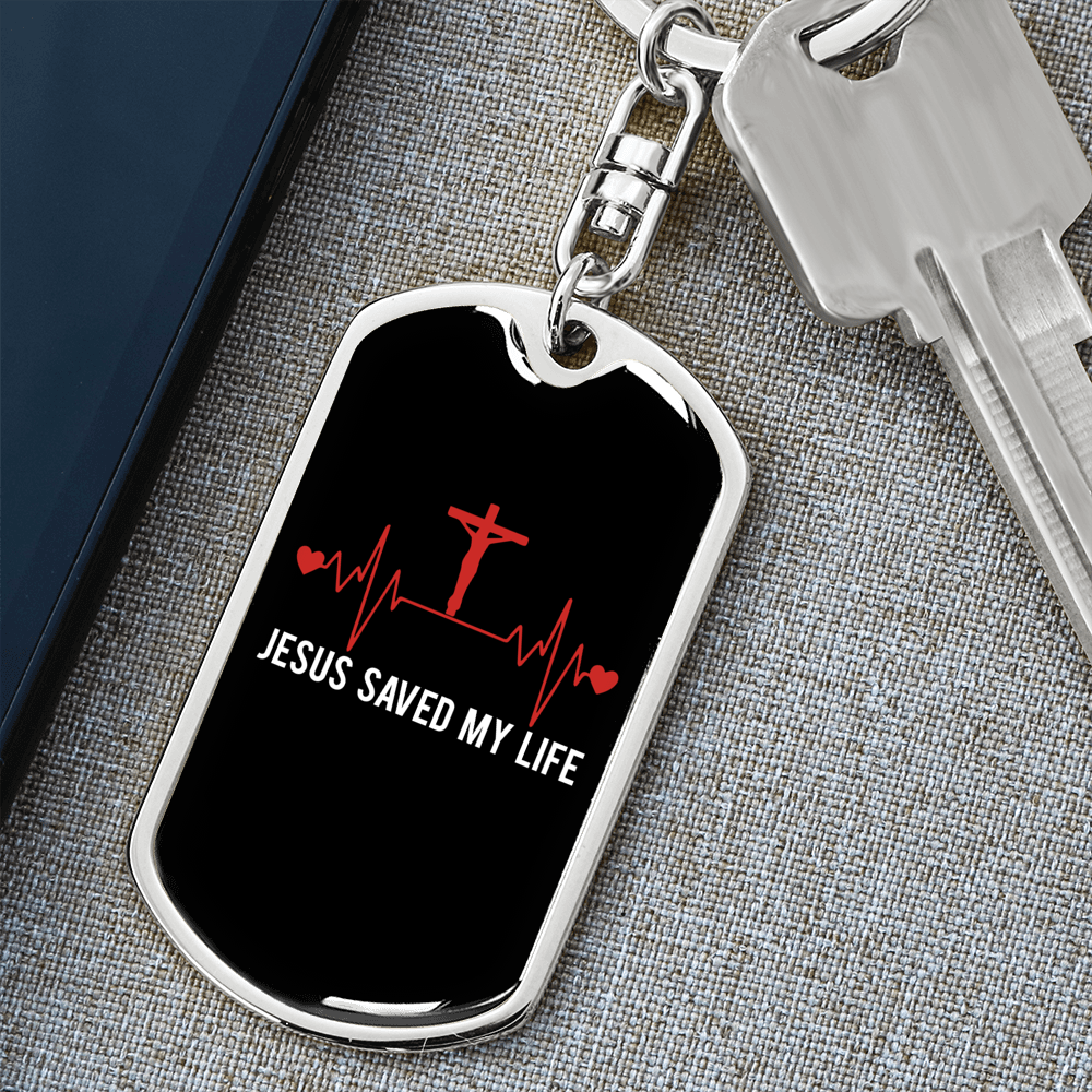 Jesus Saved My Life Pulse Keychain Stainless Steel or 18k Gold Dog Tag Keyring-Express Your Love Gifts