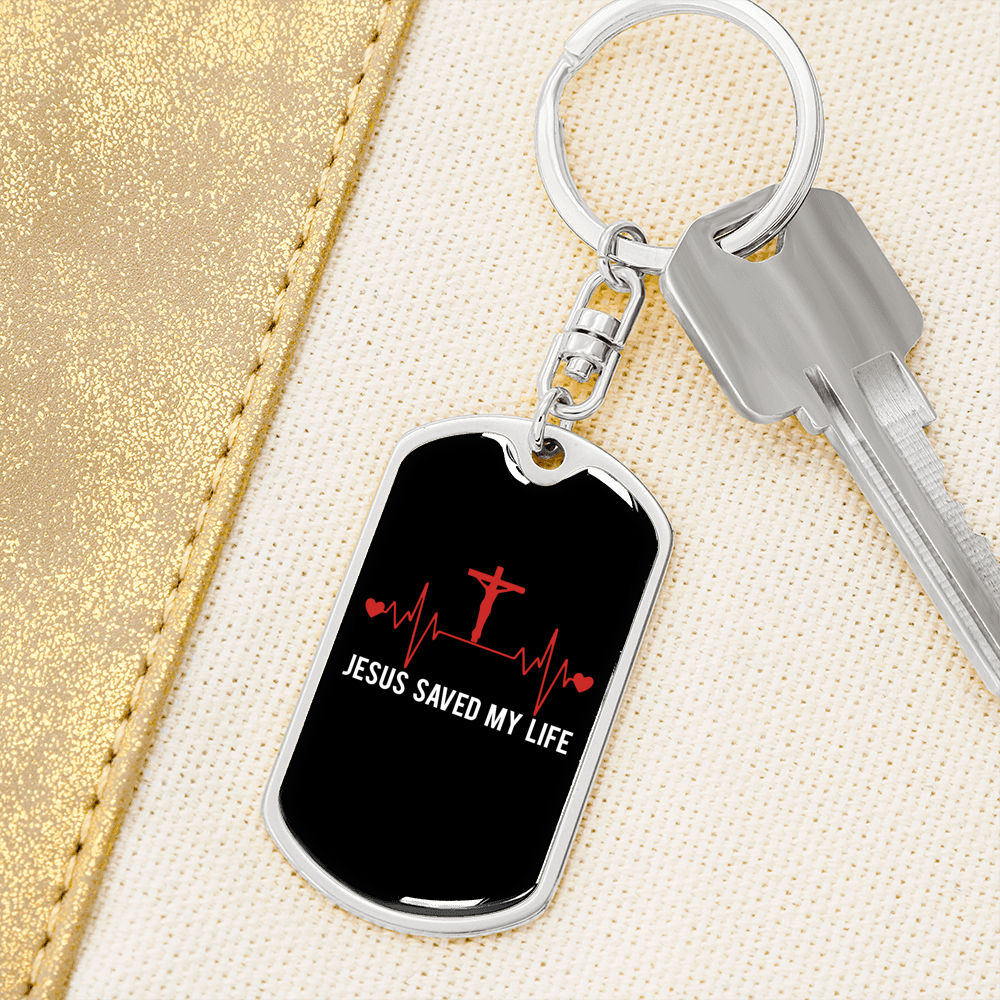 Jesus Saved My Life Pulse Keychain Stainless Steel or 18k Gold Dog Tag Keyring-Express Your Love Gifts