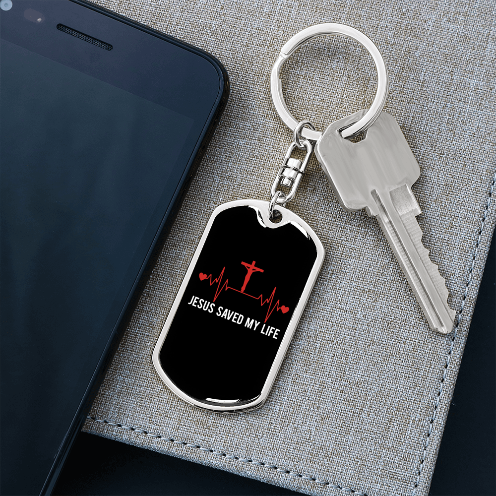 Jesus Saved My Life Pulse Keychain Stainless Steel or 18k Gold Dog Tag Keyring-Express Your Love Gifts