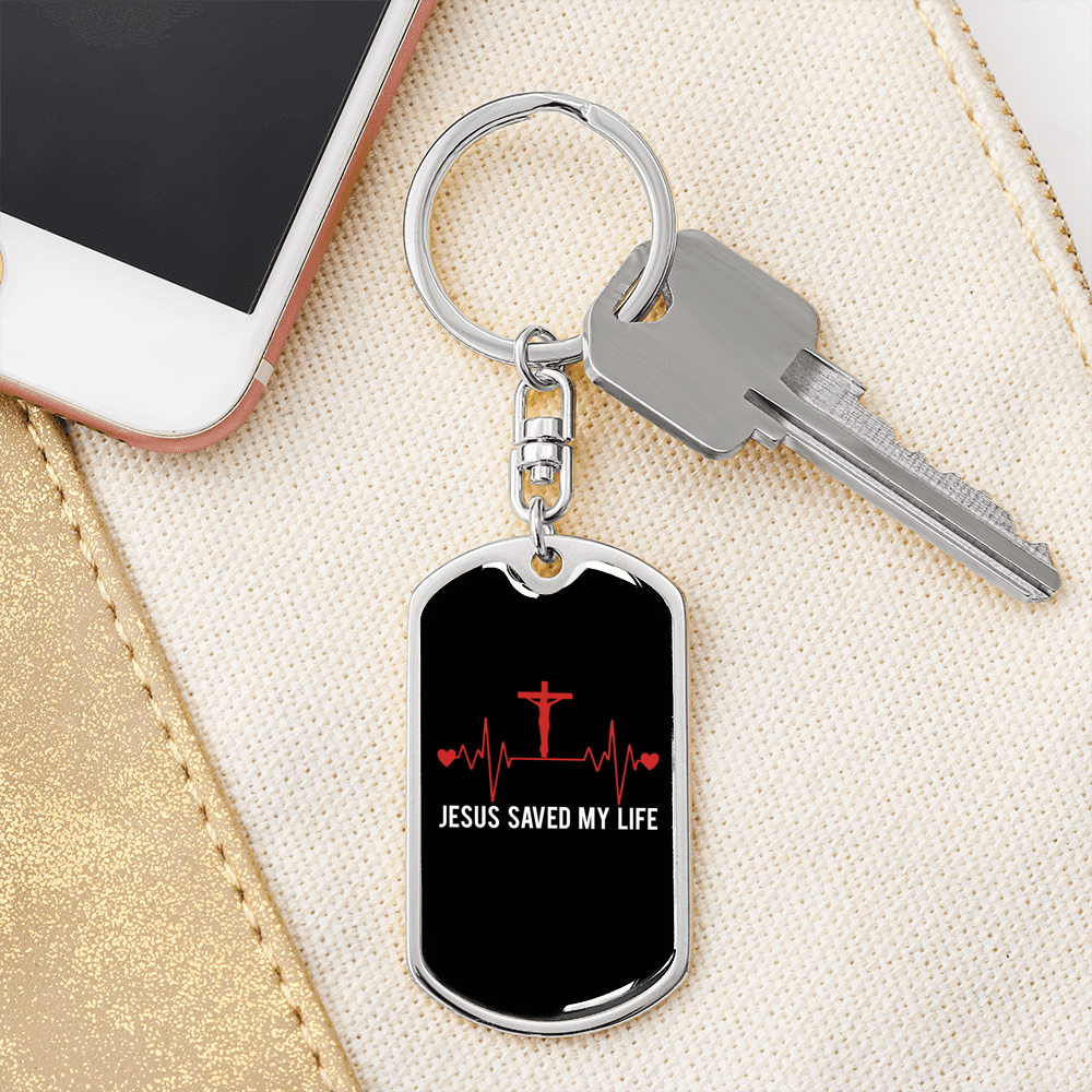 Jesus Saved My Life Pulse Keychain Stainless Steel or 18k Gold Dog Tag Keyring-Express Your Love Gifts