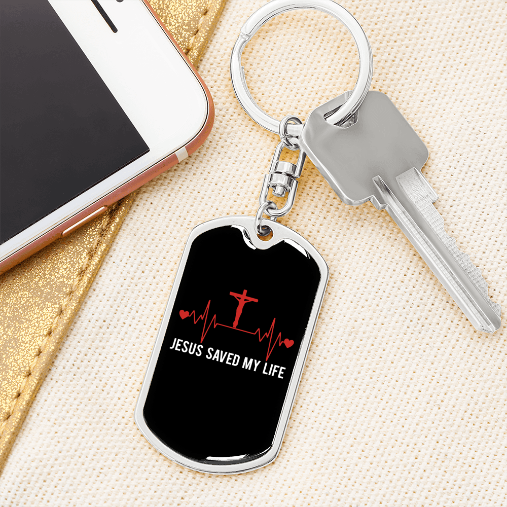 Jesus Saved My Life Pulse Keychain Stainless Steel or 18k Gold Dog Tag Keyring-Express Your Love Gifts
