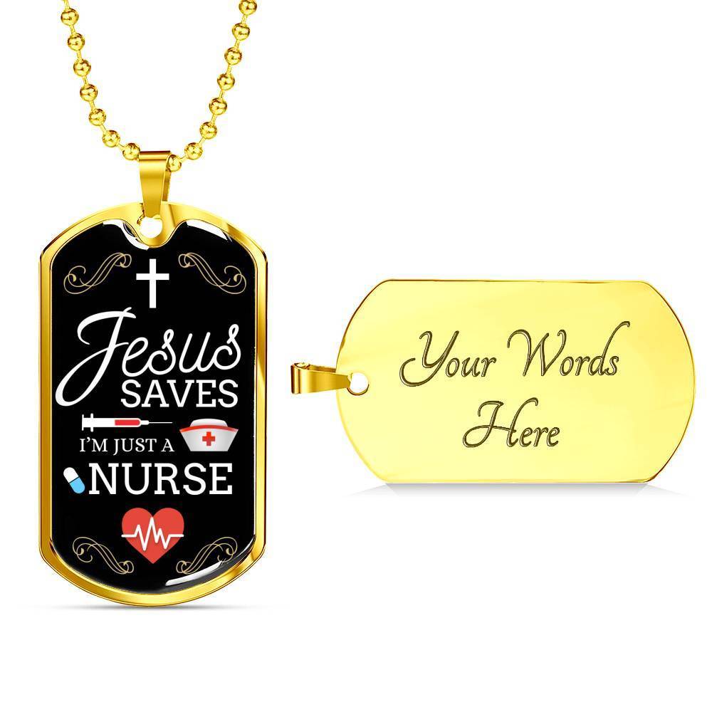 Jesus Saves Nurse Necklace Stainless Steel or 18k Gold Dog Tag W 24"-Express Your Love Gifts