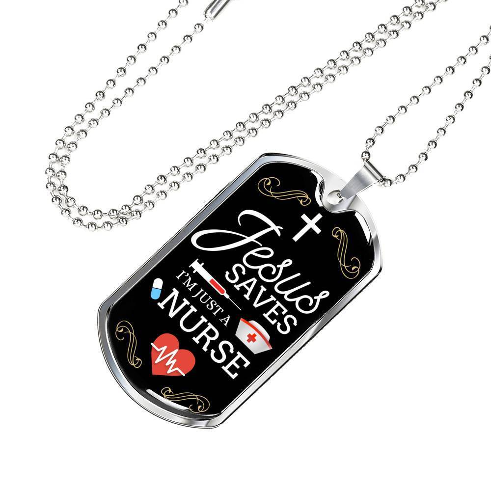 Jesus Saves Nurse Necklace Stainless Steel or 18k Gold Dog Tag W 24"-Express Your Love Gifts