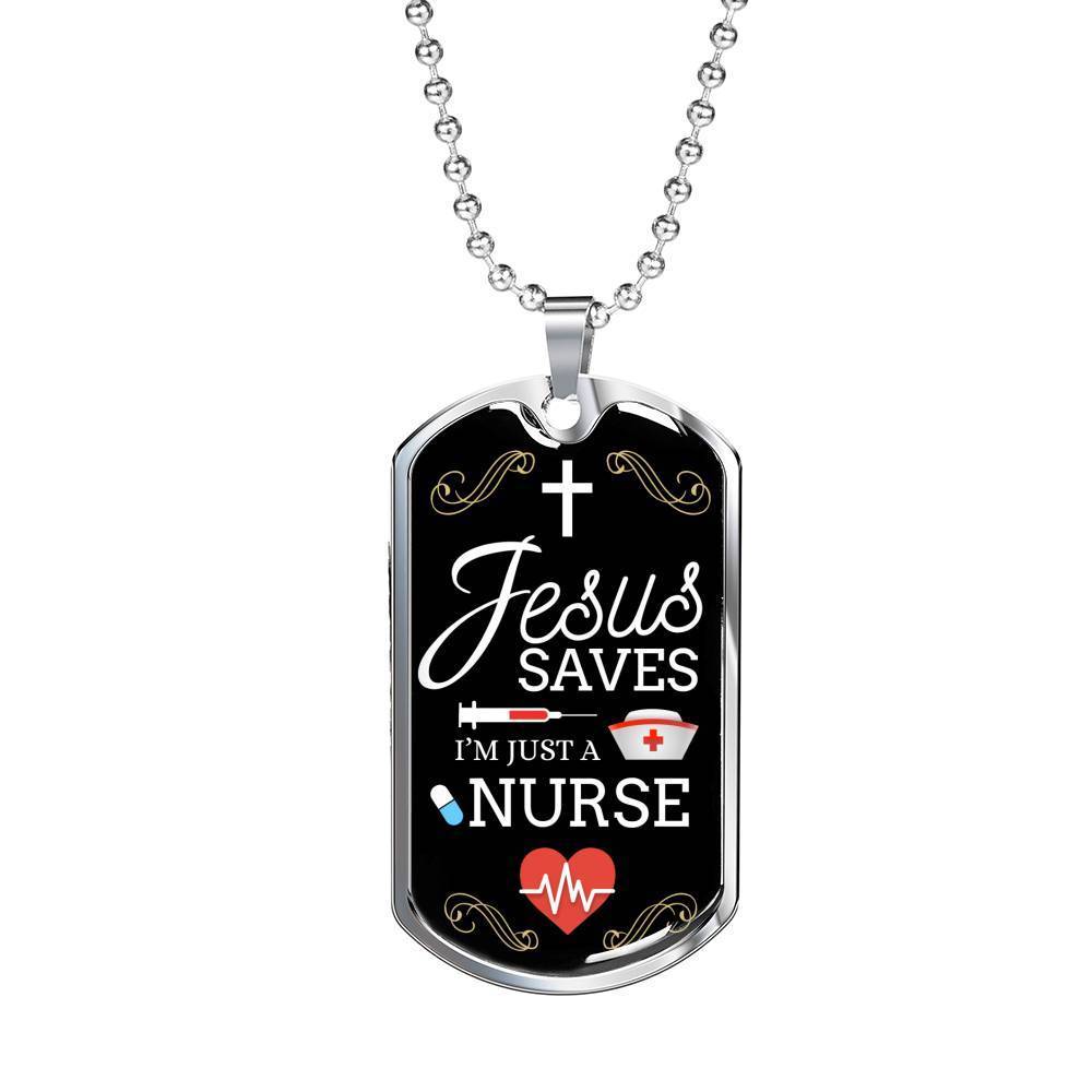 Jesus Saves Nurse Necklace Stainless Steel or 18k Gold Dog Tag W 24"-Express Your Love Gifts