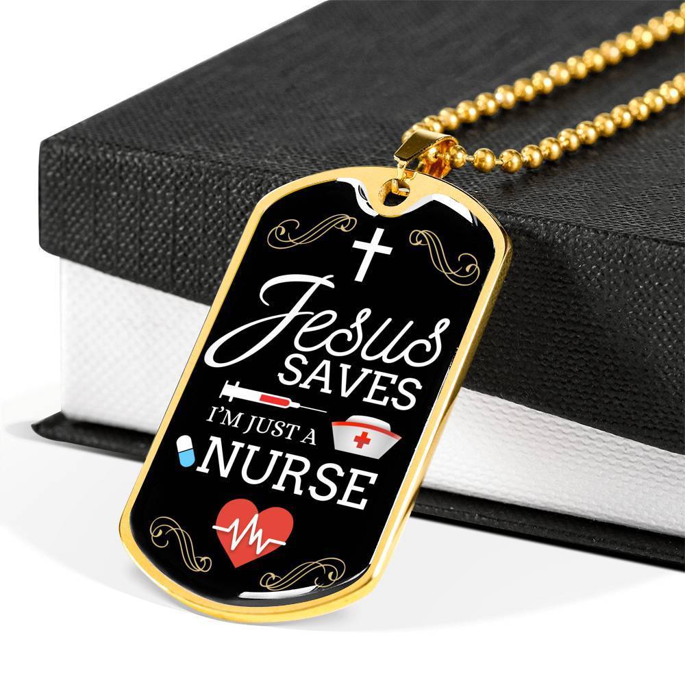 Jesus Saves Nurse Necklace Stainless Steel or 18k Gold Dog Tag W 24"-Express Your Love Gifts
