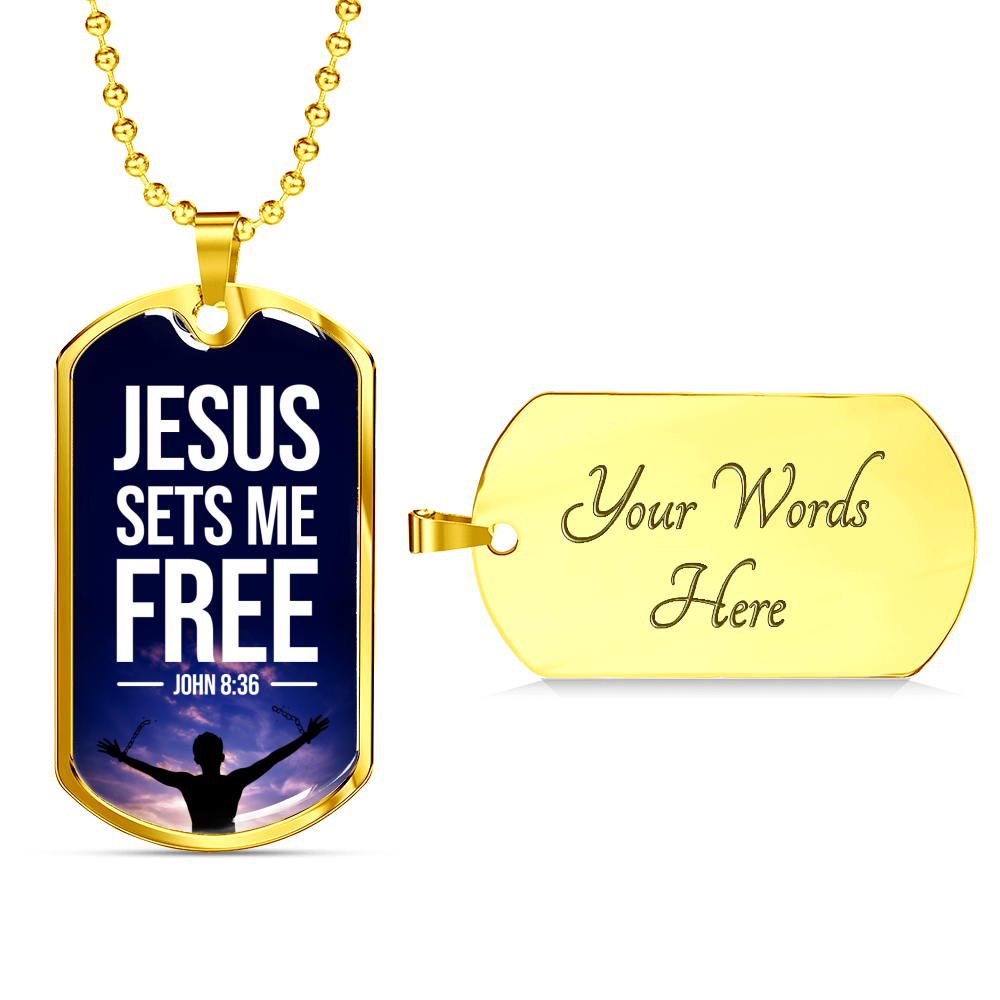 Jesus Sets Me Free Christian Necklace Bible Verse Necklace Stainless Steel or 18k Gold Dog Tag 24" Chain-Express Your Love Gifts
