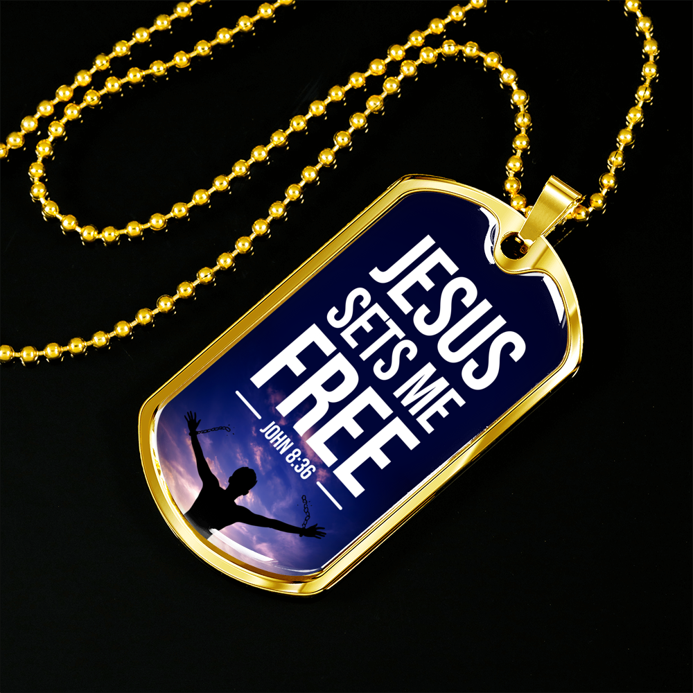 Jesus Sets Me Free Christian Necklace Bible Verse Necklace Stainless Steel or 18k Gold Dog Tag 24" Chain-Express Your Love Gifts