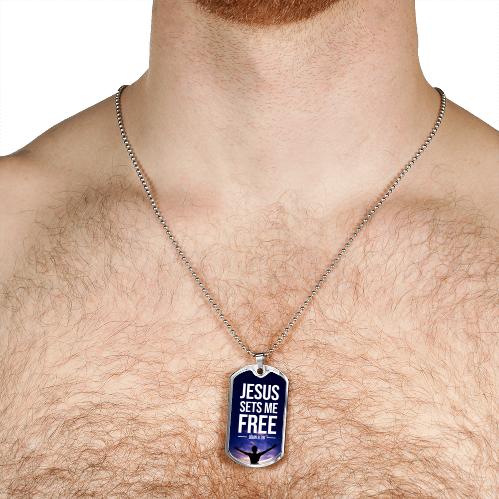 Jesus Sets Me Free Christian Necklace Bible Verse Necklace Stainless Steel or 18k Gold Dog Tag 24" Chain-Express Your Love Gifts