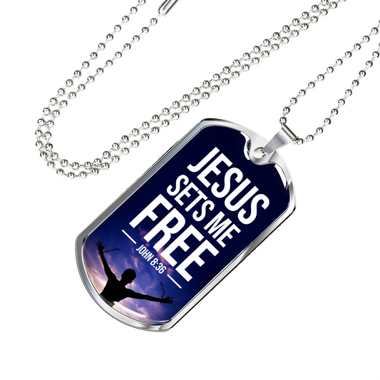 Jesus Sets Me Free Christian Necklace Bible Verse Necklace Stainless Steel or 18k Gold Dog Tag w 24" Chain