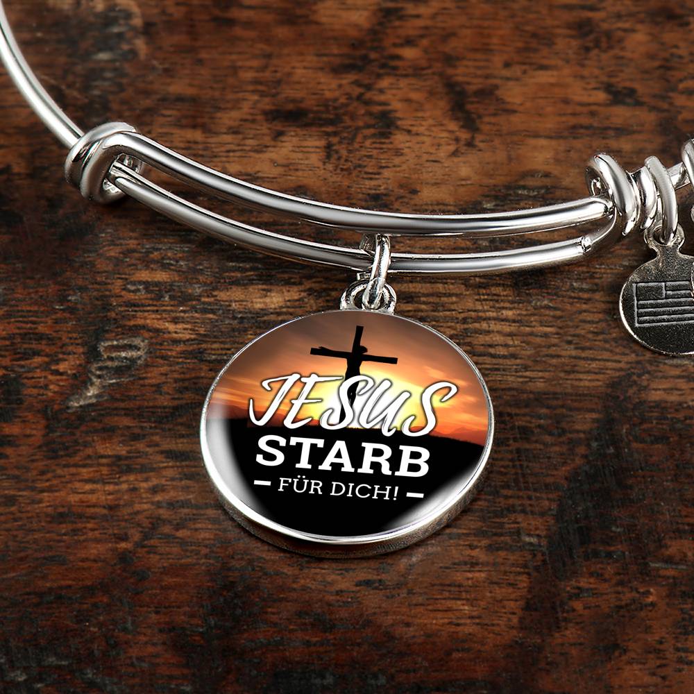 Jesus Starb Fur Dich (Jesus Died For You) Stainless Steel or 18k Gold Circle Bangle Bracelet - Express Your Love Gifts