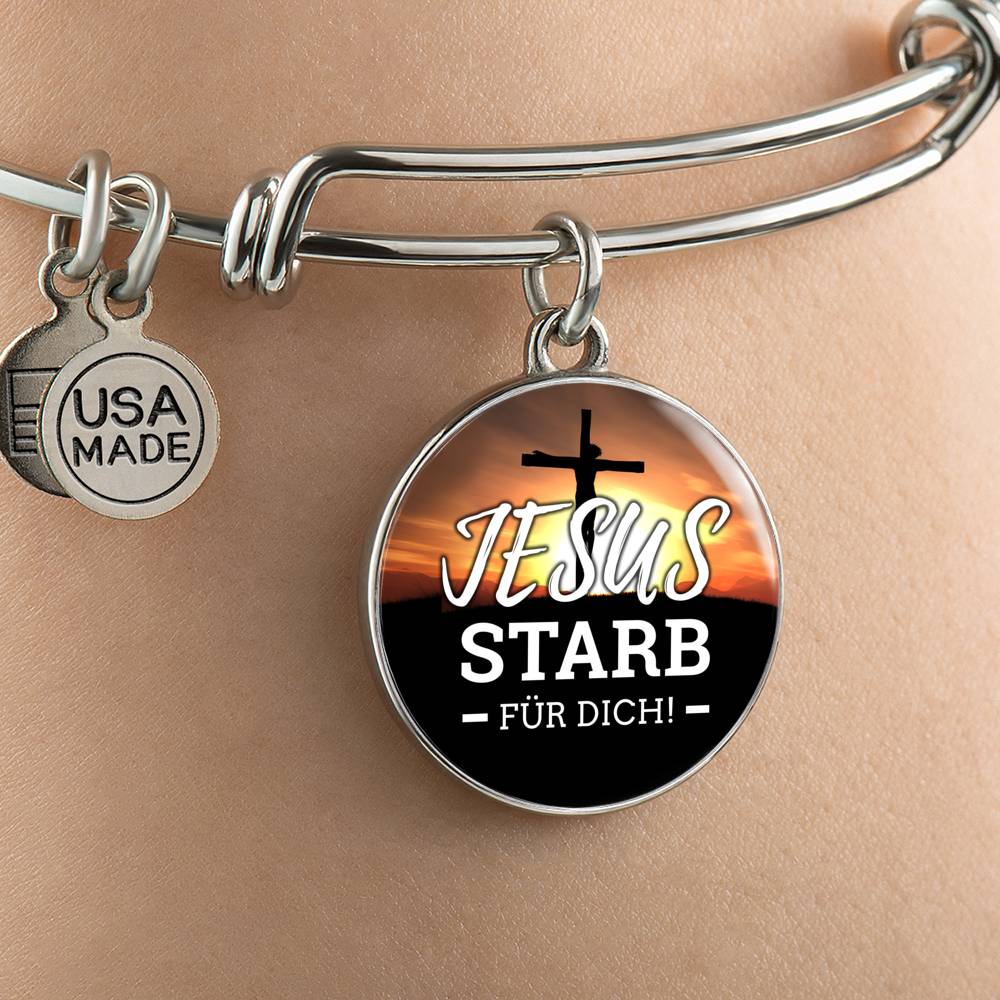 Jesus Starb Fur Dich (Jesus Died For You) Stainless Steel or 18k Gold Circle Bangle Bracelet - Express Your Love Gifts