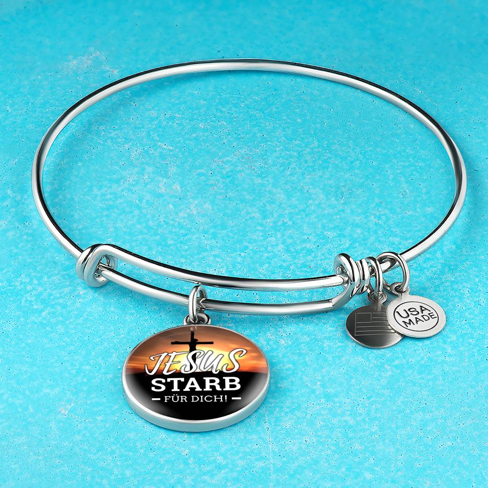 Jesus Starb Fur Dich (Jesus Died For You) Stainless Steel or 18k Gold Circle Bangle Bracelet - Express Your Love Gifts