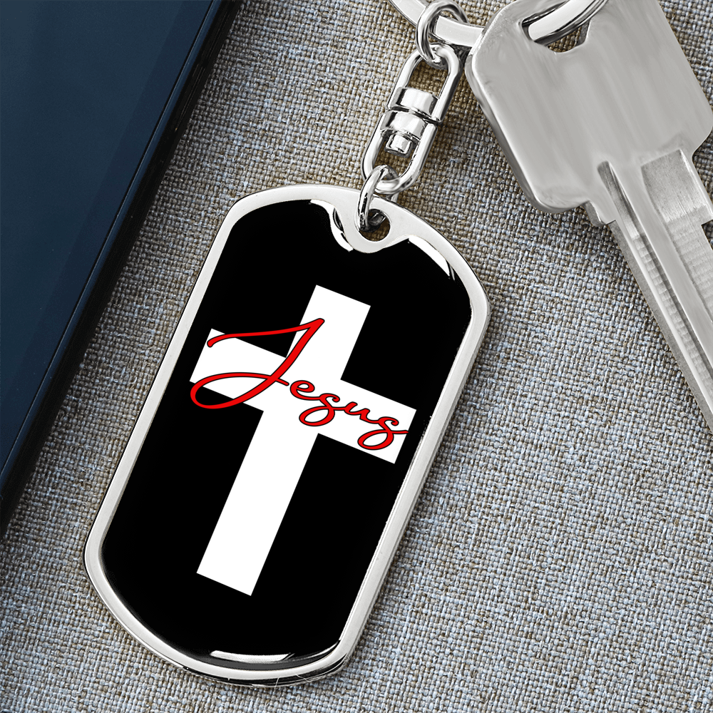 Jesus White Cross Keychain Stainless Steel or 18k Gold Dog Tag Keyring-Express Your Love Gifts