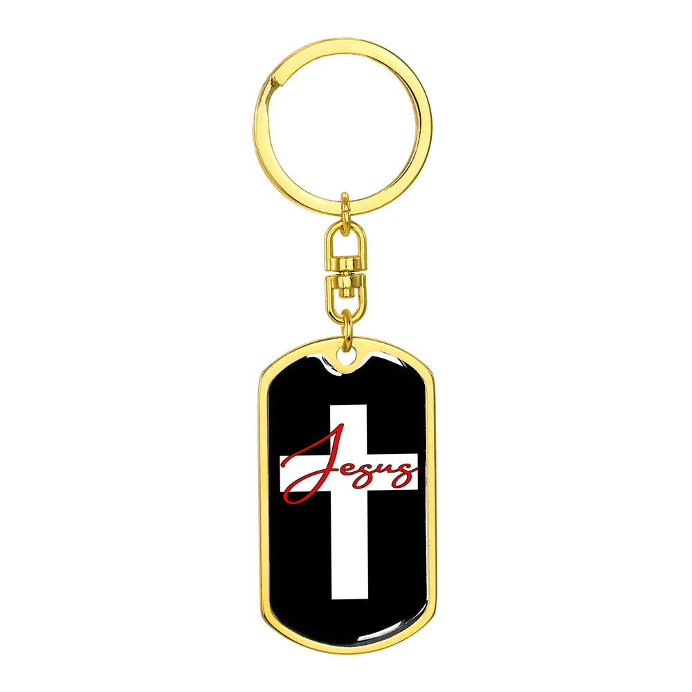 Jesus White Cross Stainless Steel or 18k Gold Premium Swivel Dog Tag Keychain