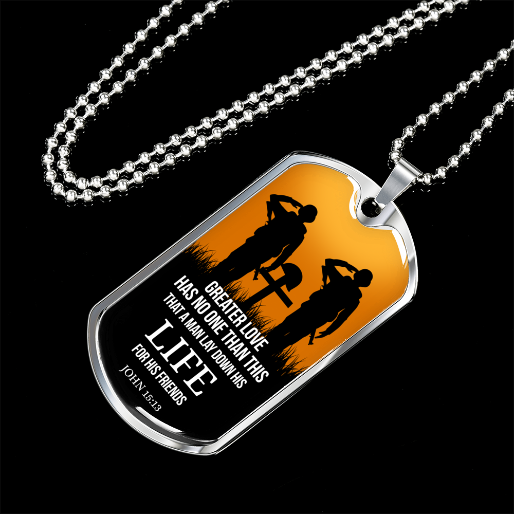 John 15:13 Scripture No Greater Love Necklace Stainless Steel or 18k Gold Dog Tag w 24" Chain-Express Your Love Gifts