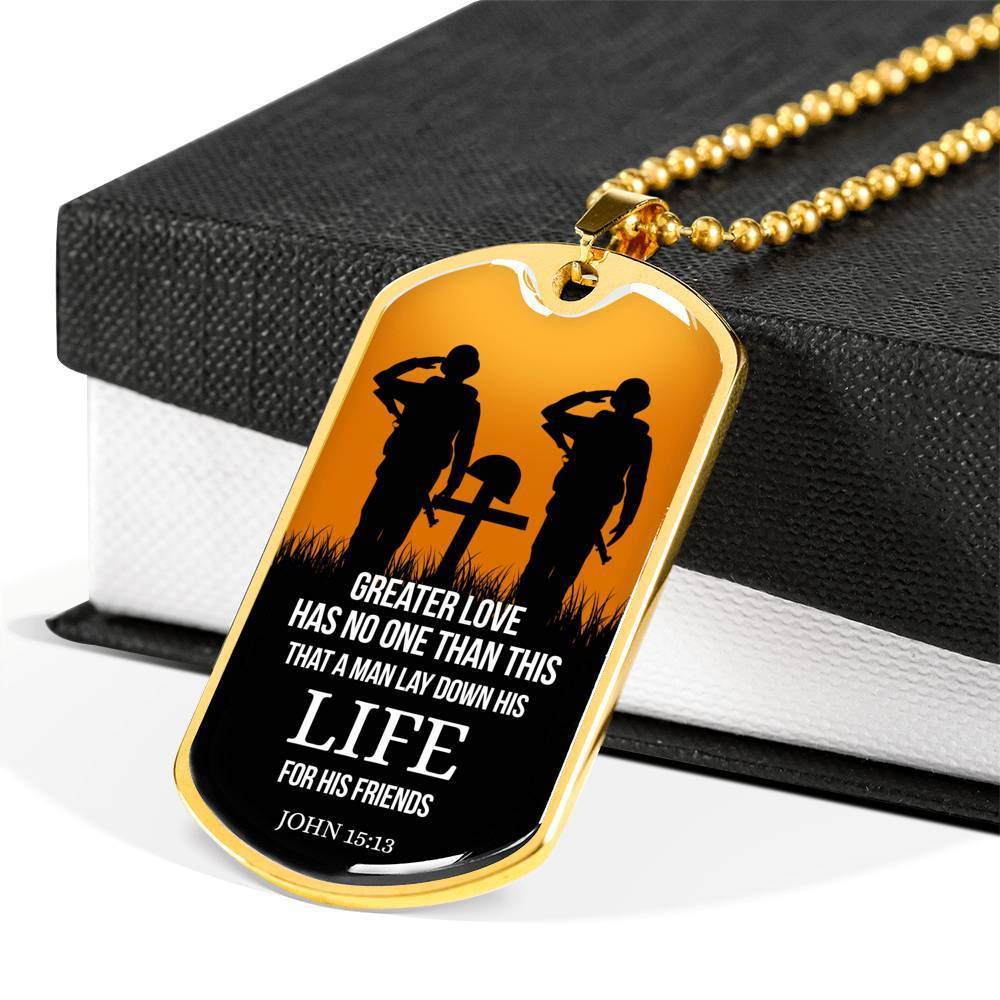 John 15:13 Scripture No Greater Love Necklace Stainless Steel or 18k Gold Dog Tag w 24" Chain-Express Your Love Gifts