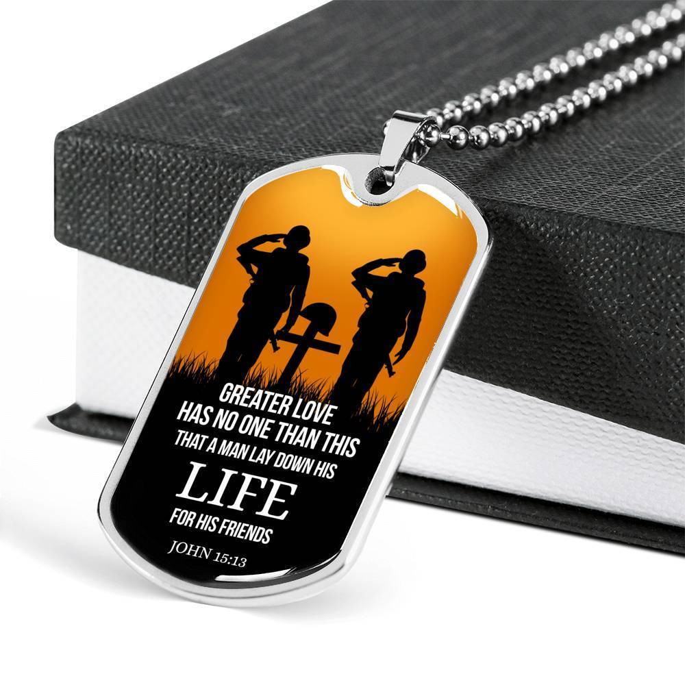 John 15:13 Scripture No Greater Love Necklace Stainless Steel or 18k Gold Dog Tag w 24" Chain-Express Your Love Gifts