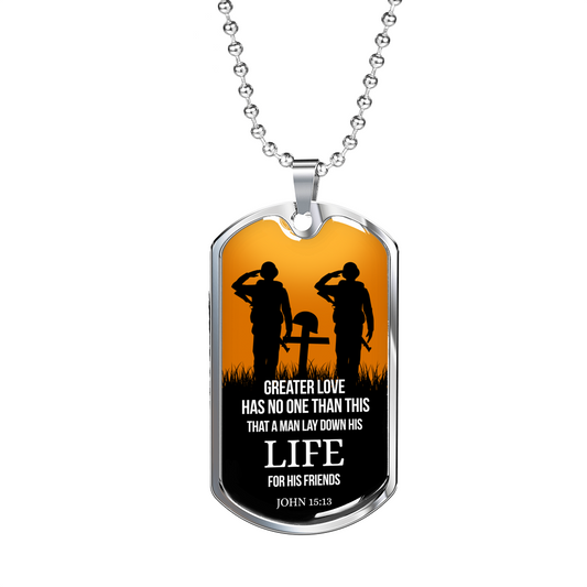 No Greater Love Scripture Necklace Stainless Steel or 18k Gold Dog Tag w 24"