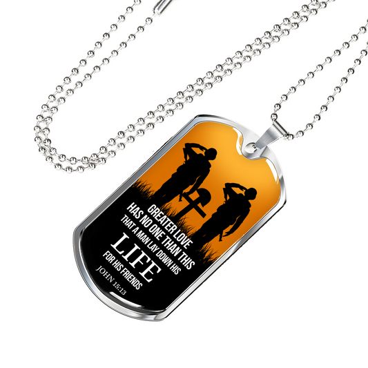No Greater Love Scripture Necklace Stainless Steel or 18k Gold Dog Tag w 24"