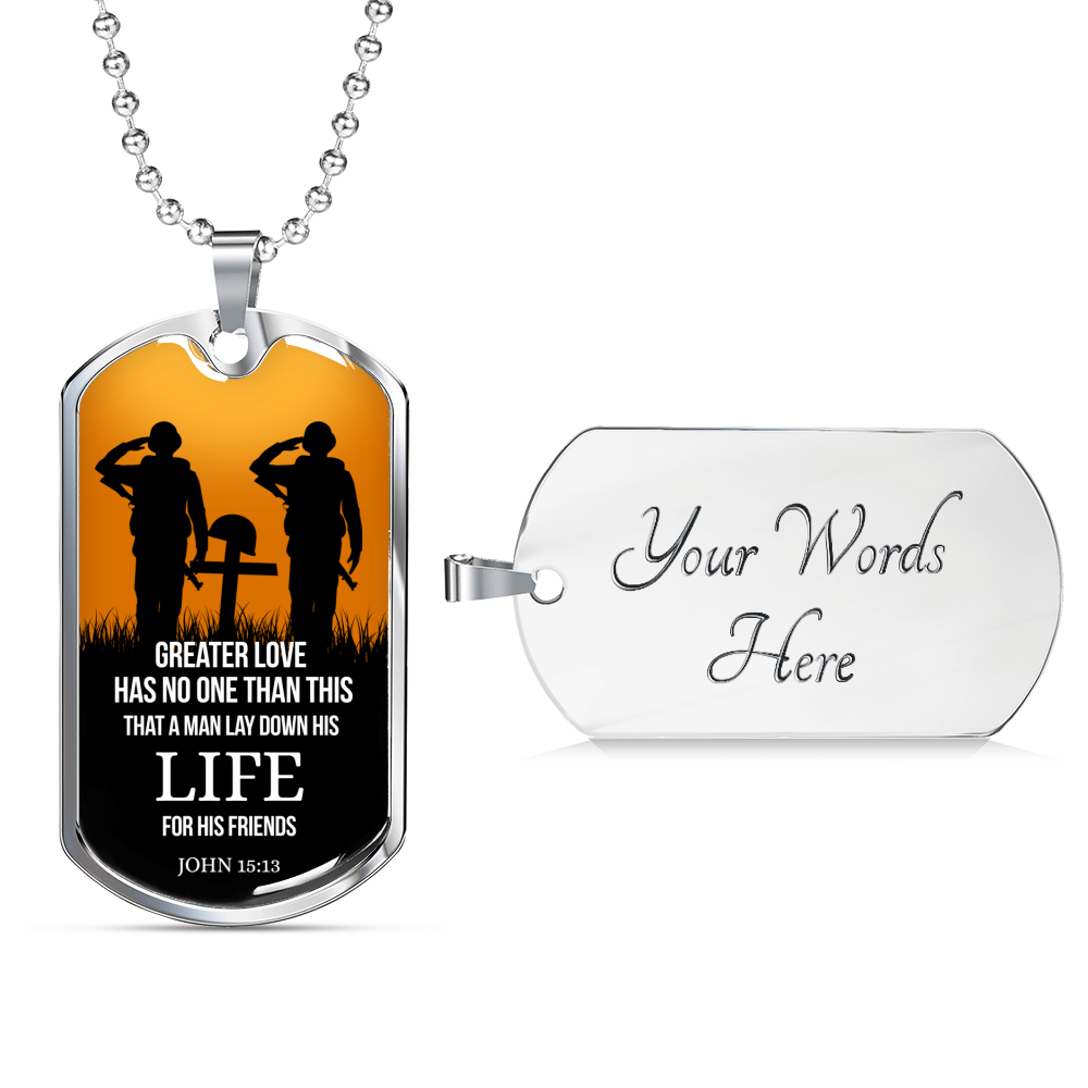 John 15:13 Scripture No Greater Love Necklace Stainless Steel or 18k Gold Dog Tag w 24" Chain-Express Your Love Gifts