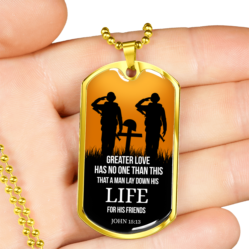 John 15:13 Scripture No Greater Love Necklace Stainless Steel or 18k Gold Dog Tag w 24" Chain-Express Your Love Gifts