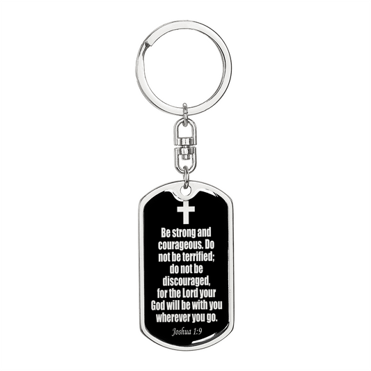 Joshua 1:9 Be Strong Keychain Stainless Steel or 18k Gold Dog Tag Keyring-Express Your Love Gifts