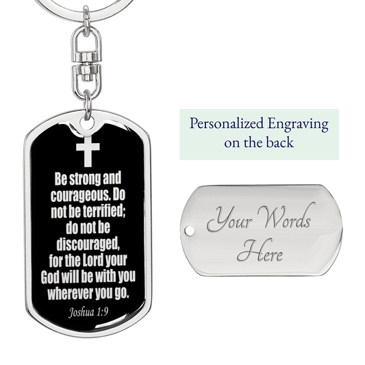 Joshua 1:9 Be Strong Keychain Stainless Steel or 18k Gold Dog Tag Keyring-Express Your Love Gifts