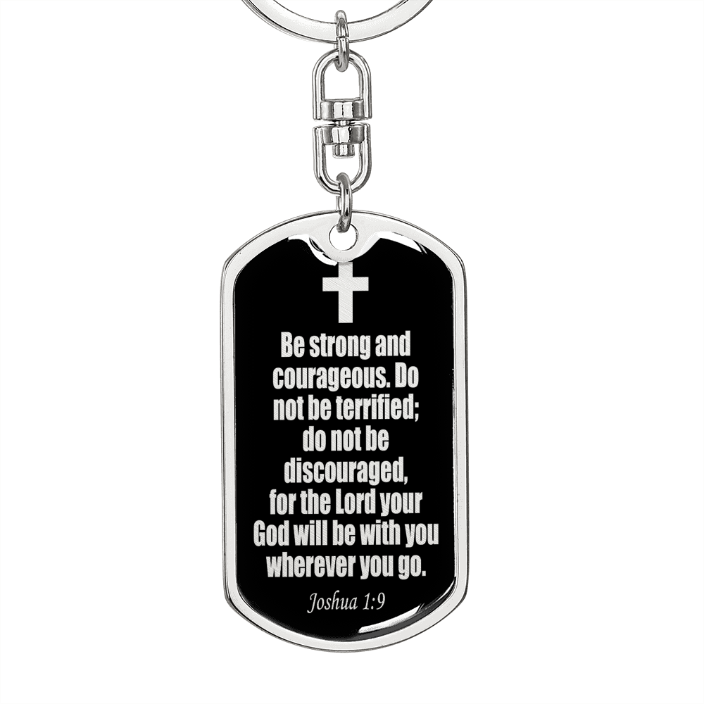 Joshua 1:9 Be Strong Keychain Stainless Steel or 18k Gold Dog Tag Keyring-Express Your Love Gifts