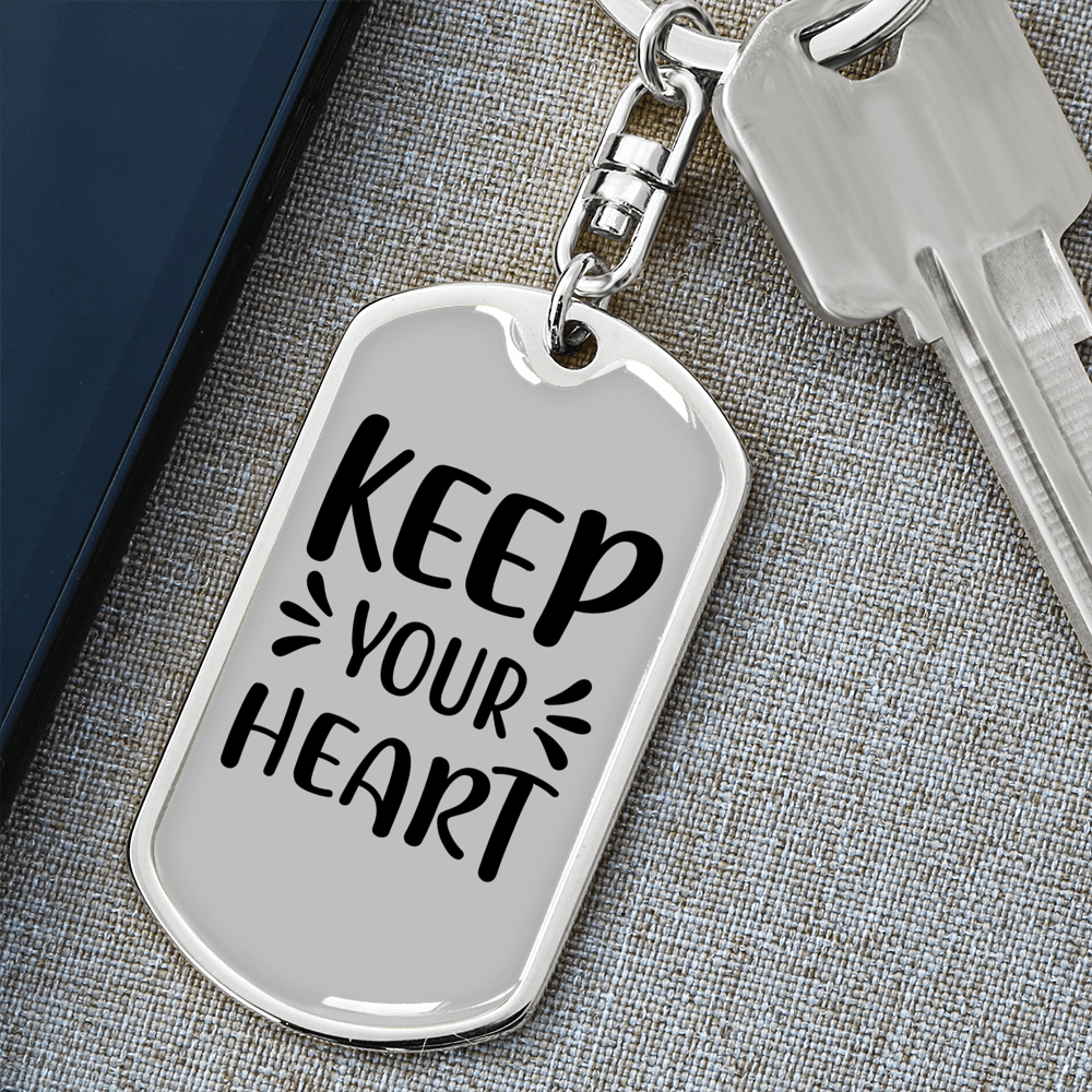 Keep Your Heart Keychain Stainless Steel or 18k Gold Dog Tag Keyring-Express Your Love Gifts