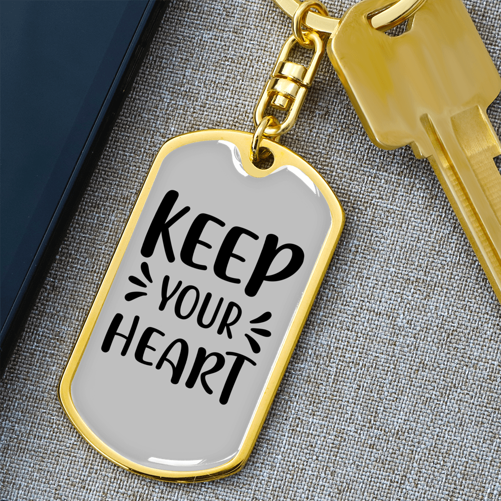 Keep Your Heart Keychain Stainless Steel or 18k Gold Dog Tag Keyring-Express Your Love Gifts