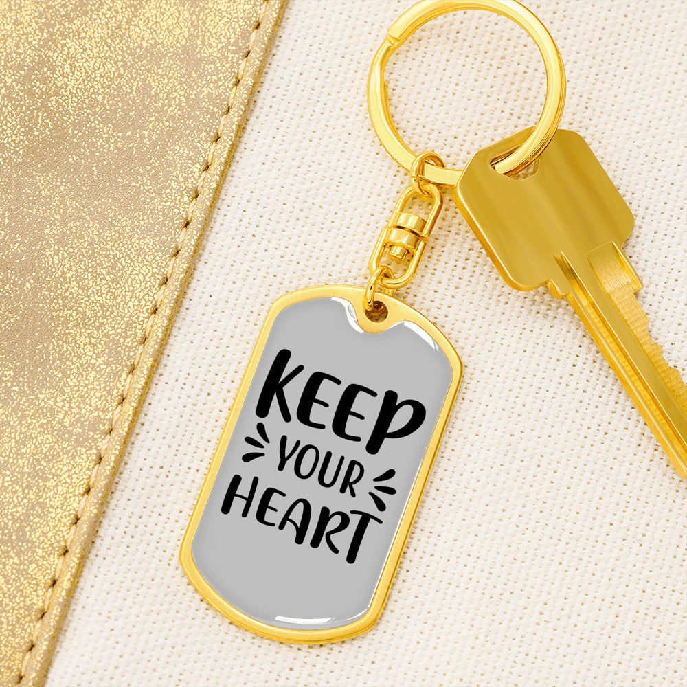 Keep Your Heart Keychain Stainless Steel or 18k Gold Dog Tag Keyring-Express Your Love Gifts