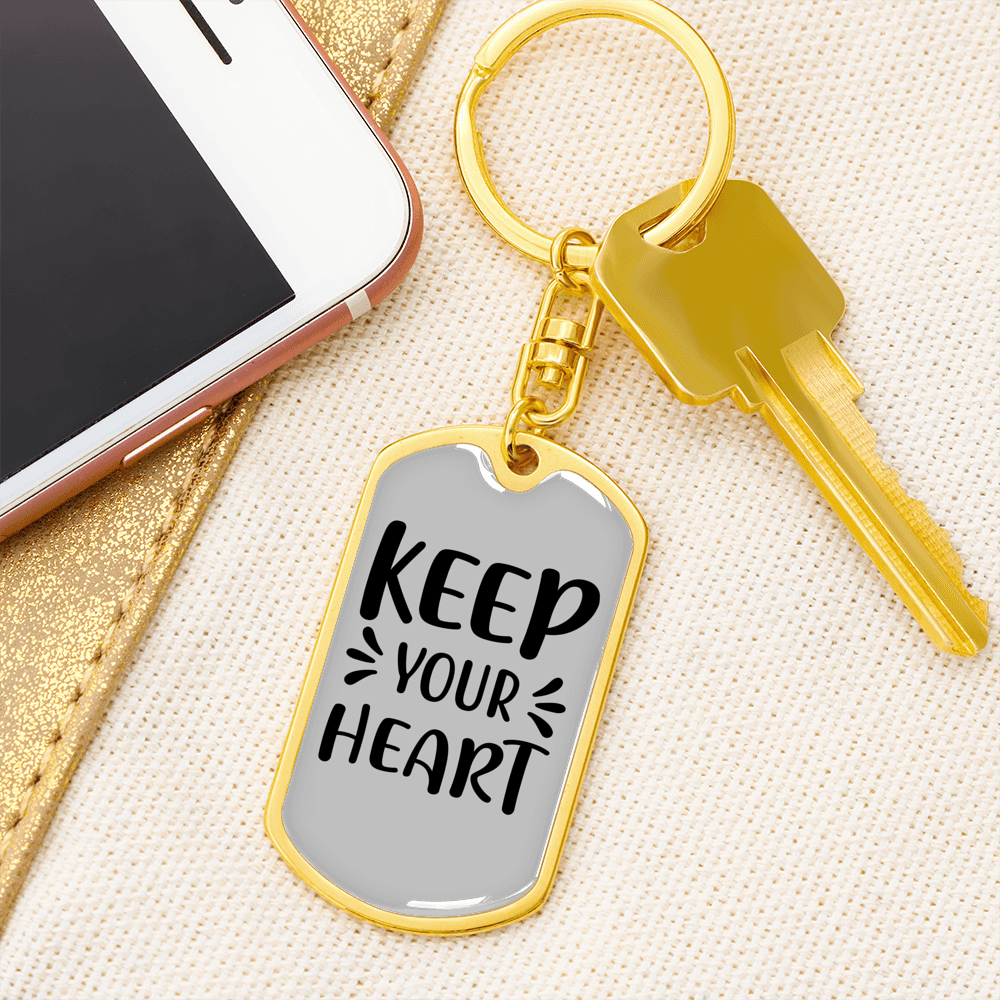 Keep Your Heart Keychain Stainless Steel or 18k Gold Dog Tag Keyring-Express Your Love Gifts