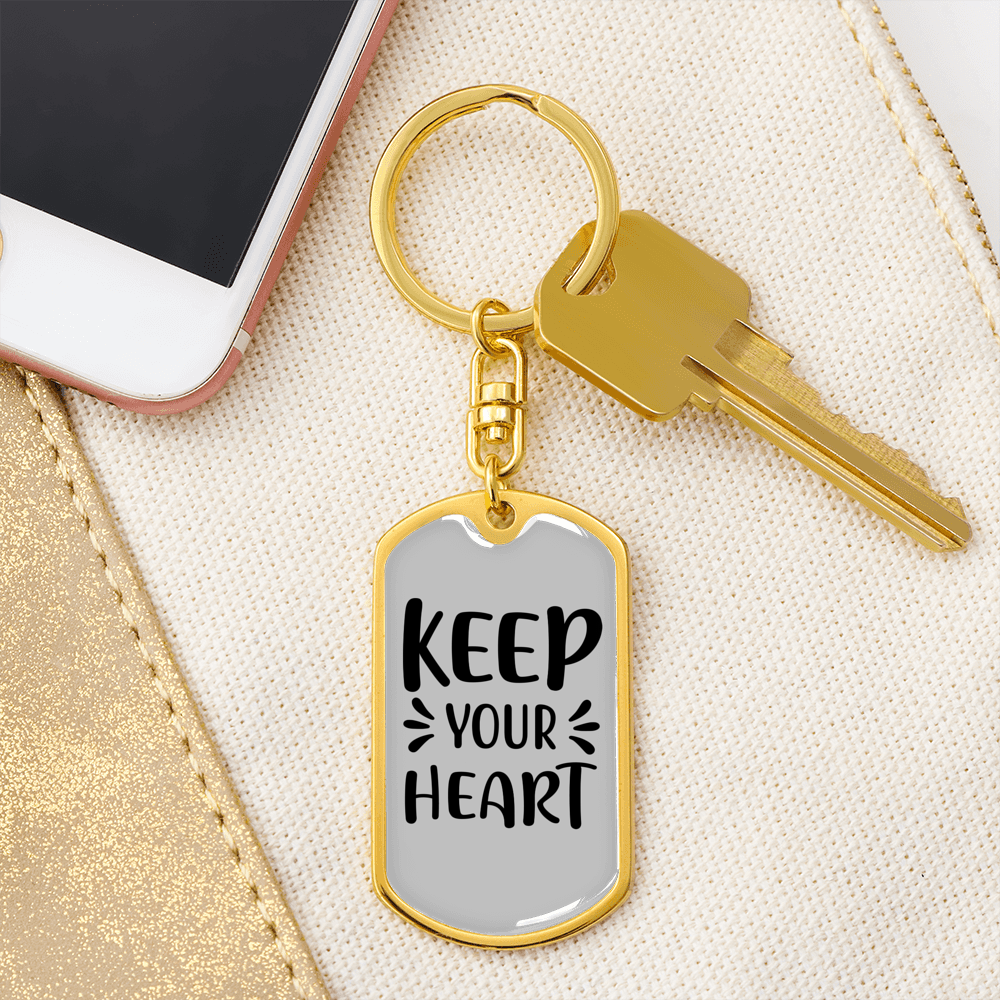 Keep Your Heart Keychain Stainless Steel or 18k Gold Dog Tag Keyring-Express Your Love Gifts