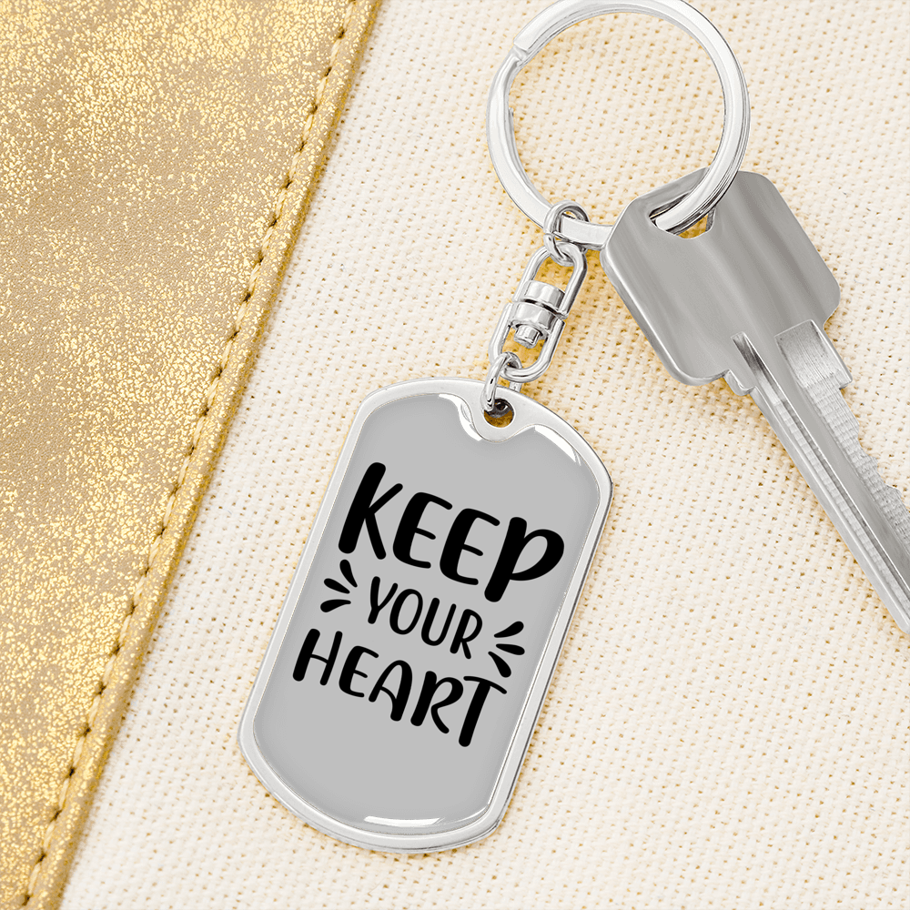 Keep Your Heart Keychain Stainless Steel or 18k Gold Dog Tag Keyring-Express Your Love Gifts
