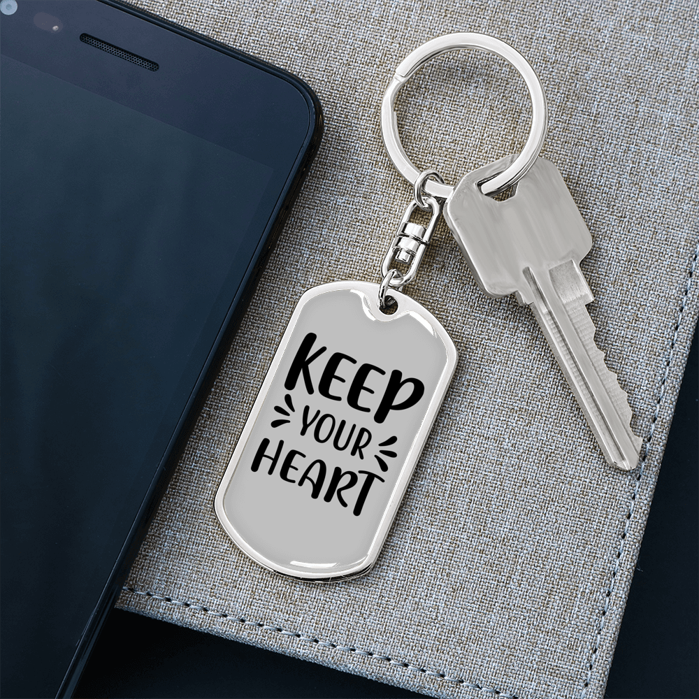 Keep Your Heart Keychain Stainless Steel or 18k Gold Dog Tag Keyring-Express Your Love Gifts