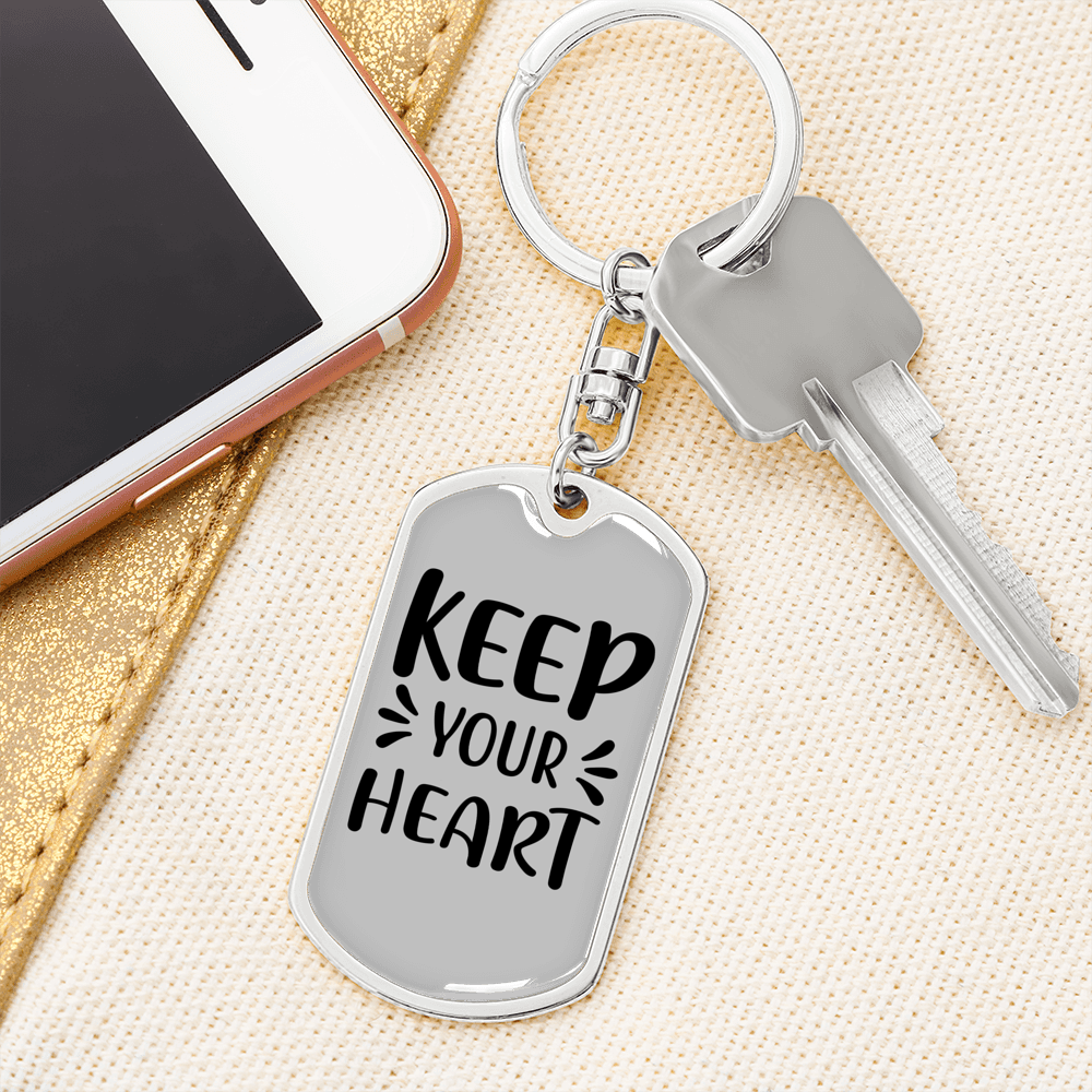Keep Your Heart Keychain Stainless Steel or 18k Gold Dog Tag Keyring-Express Your Love Gifts